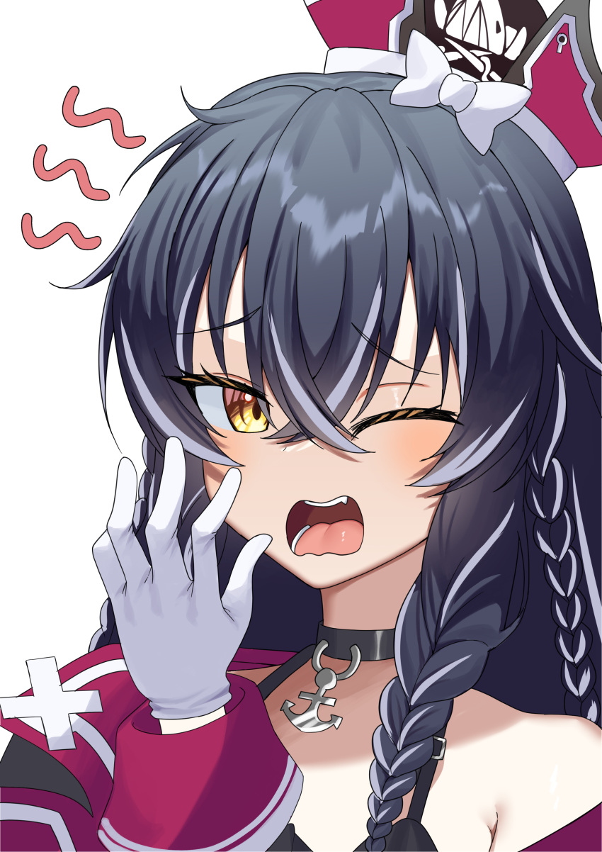 1girl absurdres anchor_choker black_hair bow bowtie counter:side dracasia gloves hat highres looking_at_viewer multicolored_hair one_eye_closed open_mouth solo streaked_hair white_background white_gloves wldrns232 yawning yellow_eyes