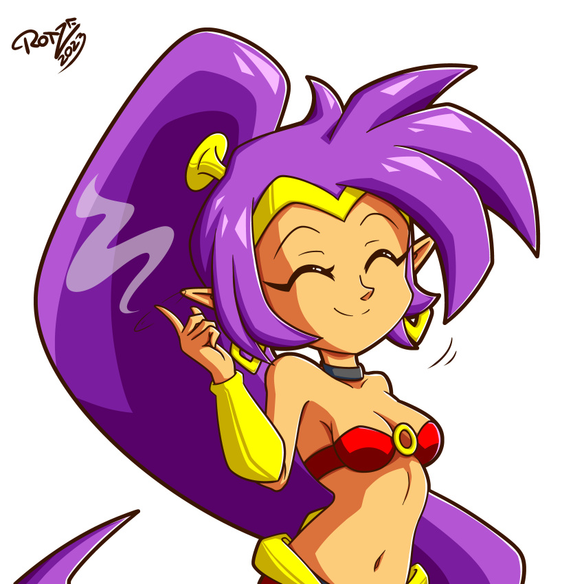 2023 absurd_res breasts cleavage clothed clothing ear_piercing ear_ring eyes_closed female genie hair hi_res humanoid humanoid_pointy_ears long_hair navel not_furry piercing ponytail purple_hair ring_piercing rotzedust shantae shantae_(series) signature simple_background smile solo tan_body tan_skin wayforward