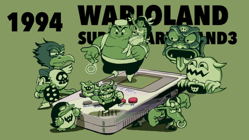 1girl 2boys arm_up bandana bobo_(wario_land) boots captain_syrup carrying cleft_chin clenched_hands closed_mouth commentary copyright_name dated devil's_head english_commentary facial_hair fake_horns fangs game_boy game_boy_(original) genie genie_(wario_land) ghost ghost_(wario_land) gloves green_background grin handheld_game_console helmet highres holding horned_helmet horns long_hair looking_back mario_(series) minotaur_(wario_land) multiple_boys mustache nose_piercing nose_ring oil_lamp overalls pants penguin_(wario_land) piercing rinabee_(rinabele0120) shirt shoes shoulder_carry simple_background skull_print sleeveless sleeveless_shirt smile spiked_koopa spiked_shell spikes tank_top teeth tongue tongue_out turtle_shell v-shaped_eyebrows wario wario_land wario_land:_super_mario_land_3 wristband