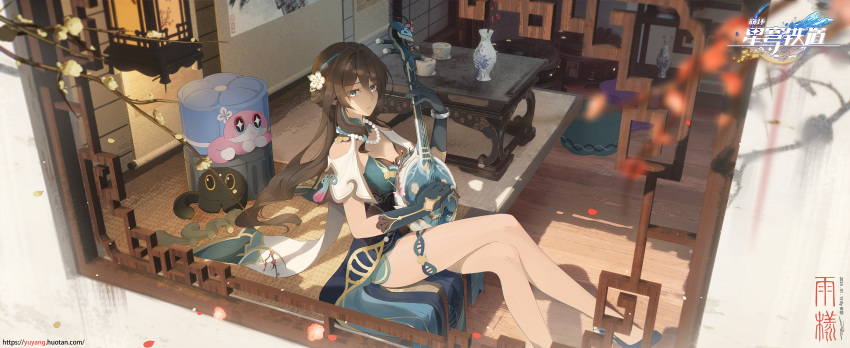 1girl 3d_background absurdres ame999 bare_shoulders biwa_lute blue_dress blue_eyes breasts brown_hair cleavage crossed_legs dress flower hair_flower hair_ornament hairband highres honkai:_star_rail honkai_(series) indoors instrument jewelry looking_at_viewer lute_(instrument) music necklace pearl_necklace playing_instrument ruan_mei_(honkai:_star_rail) sitting solo thigh_strap thighs