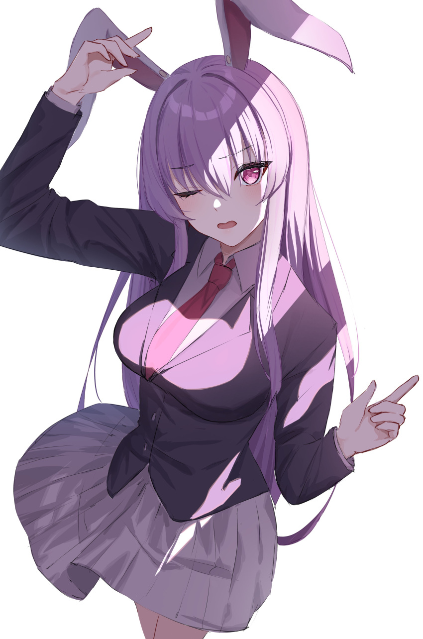 1girl absurdres anima_miko animal_ears black_jacket breasts highres jacket long_hair looking_at_viewer necktie one_eye_closed purple_eyes rabbit_ears red_eyes red_necktie reisen_udongein_inaba shirt skirt solo touhou very_long_hair white_background white_shirt white_skirt