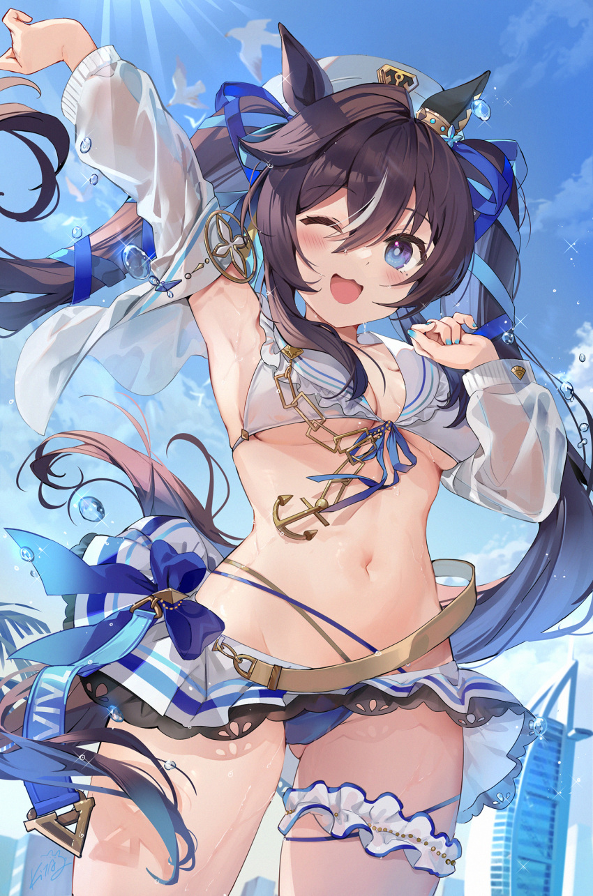 1girl :3 ;d animal_ears arm_up armpits beret bikini bird black_hair blue_eyes blue_sky blush bridal_garter cloud commentary_request cowboy_shot day groin hat highres horse_ears kita_(kitairoha) long_hair looking_at_viewer navel one_eye_closed sky smile solo standing stomach swimsuit thighs twintails umamusume very_long_hair vivlos_(umamusume) white_headwear