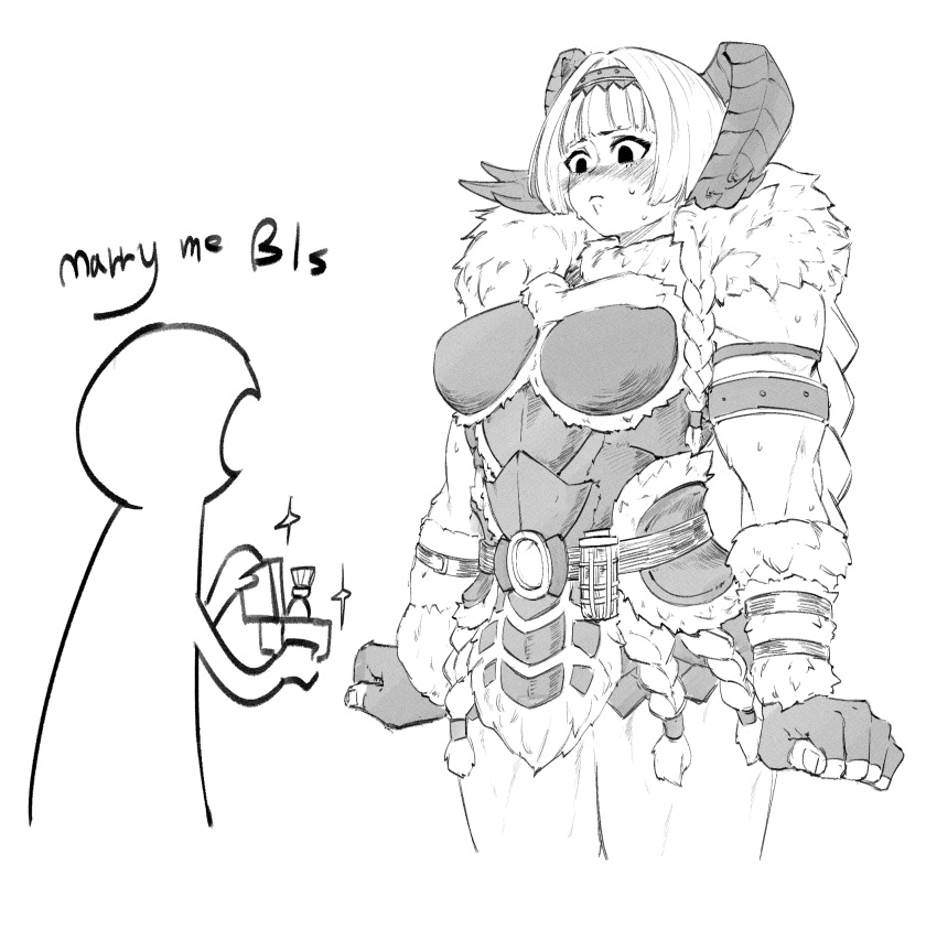 1boy 1girl armor banbaro_(armor) barbarian blush braid english_text fingerless_gloves fur_trim gloves highres horns jewelry kida_eve marriage_proposal monster_hunter_(character) monster_hunter_(series) muscular muscular_female ring shy simple_background size_difference sweat thick_thighs thighs white_background