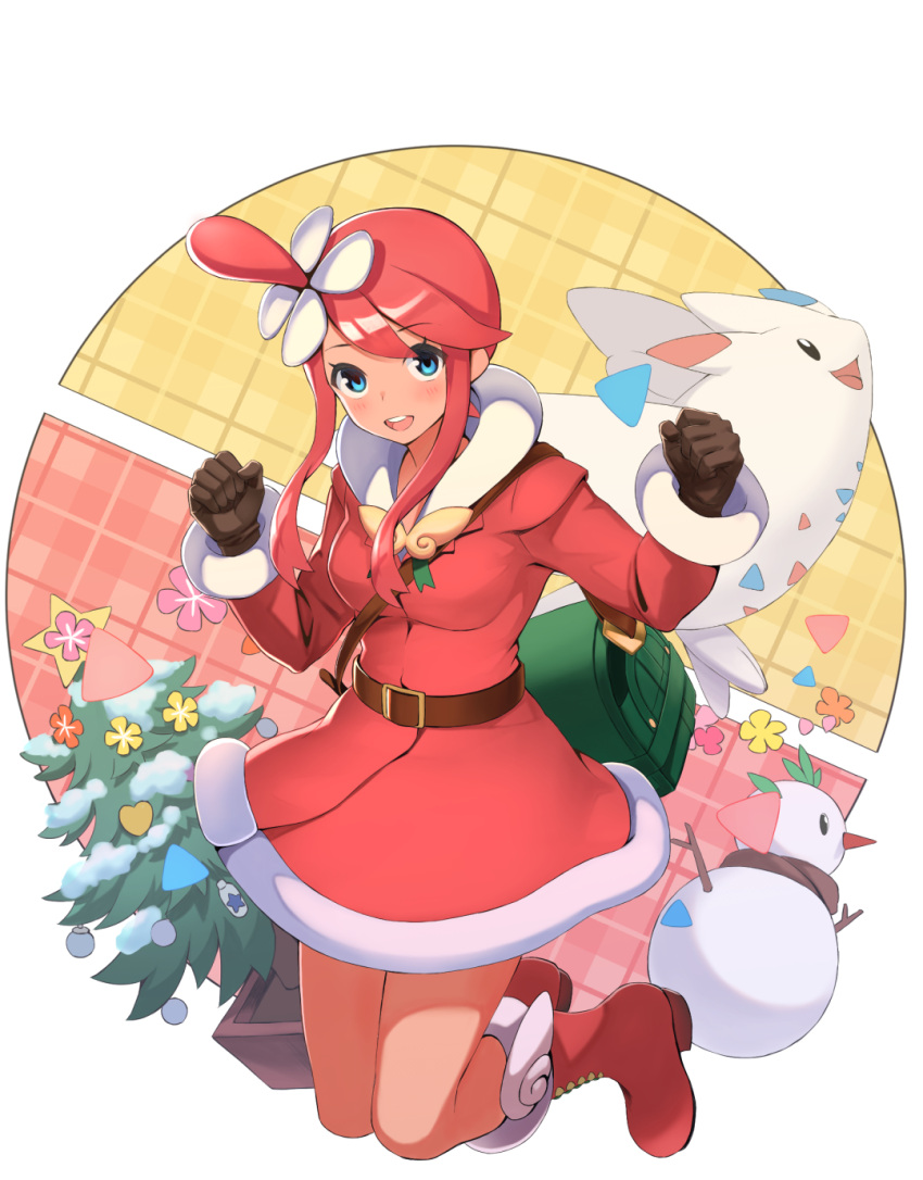 black_gloves blue_eyes christmas_tree dress fur_trim gloves highres hirono_(hxze4434) kneeling looking_at_viewer one_side_up open_mouth pokemon red_dress red_hair santa_dress short_hair_with_long_locks sidelocks skyla_(holiday_2020)_(pokemon) skyla_(pokemon) smile snowman togekiss