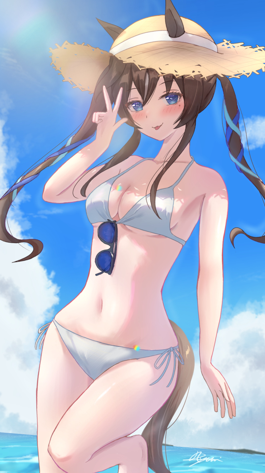 1girl alternate_costume animal_ears bare_shoulders barefoot bikini blue_eyes blue_sky breasts brown_hair cloud cloudy_sky commentary_request ears_through_headwear hair_between_eyes hat highres horse_ears horse_girl horse_tail knee_up looking_at_viewer medium_breasts multicolored_hair navel ocean outdoors signature sky solo straw_hat streaked_hair sun_hat sunglasses swimsuit tail umamusume unworn_eyewear uryua0324 v vivlos_(umamusume) water white_bikini white_hair