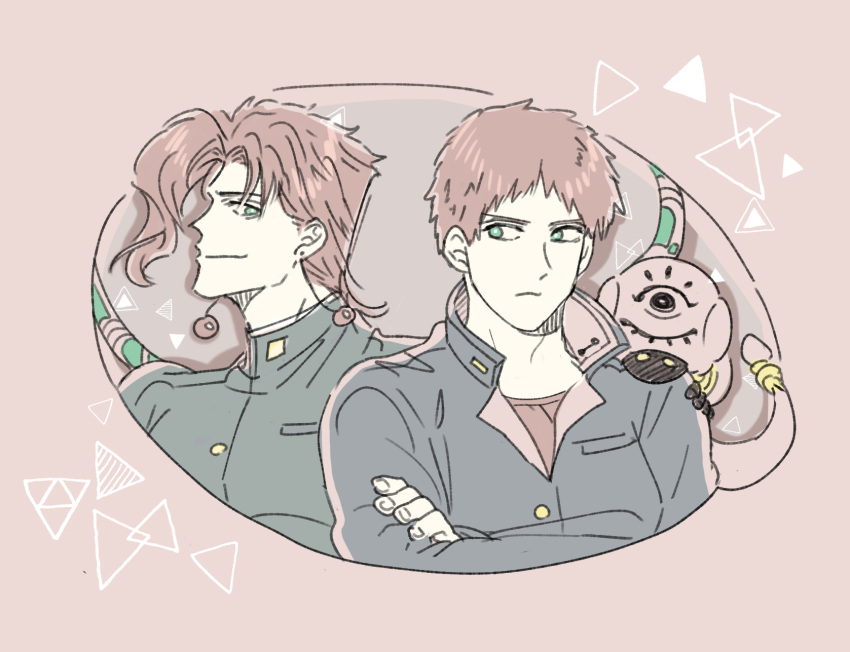 2boys 7th_stand_user black_jacket cherry_earrings closed_mouth cropped_torso crossed_arms earrings english_commentary food-themed_earrings frown gakuran green_eyes green_gakuran green_jacket hierophant_green highres jacket jewelry jojo_no_kimyou_na_bouken kakyoin_noriaki long_sleeves looking_at_another looking_to_the_side male_focus male_protagonist_(7th_stand_user) miracles_(7th_stand_user) multiple_boys open_collar pink_background red_hair red_shirt school_uniform shirt short_hair sideways_glance simple_background smile stand_(jojo) undershirt yoi_okayu