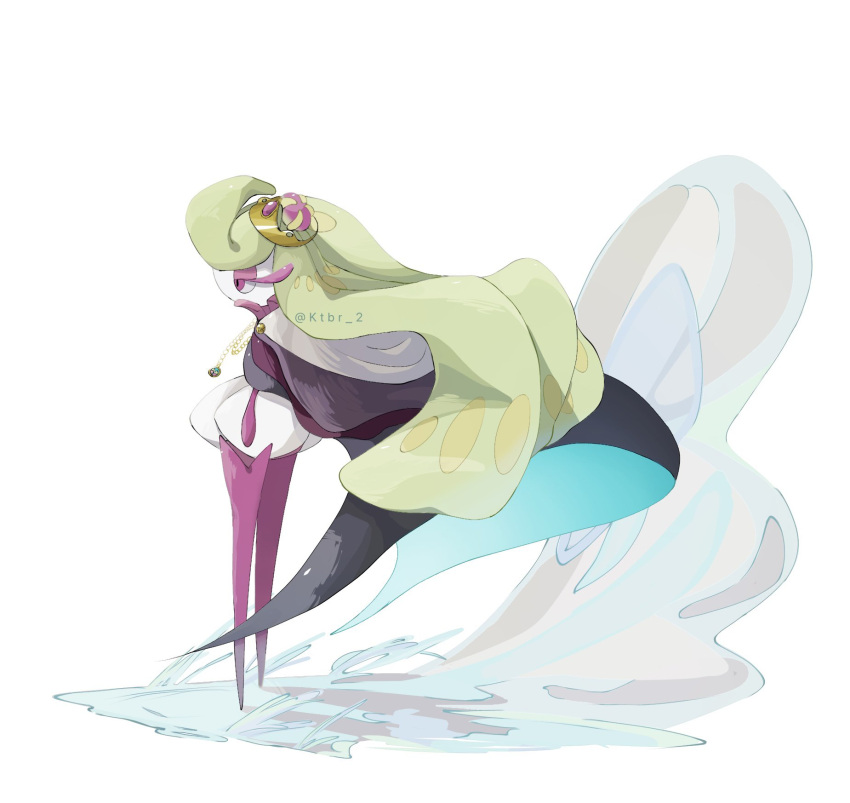 artist_name black_cape cape clothed_pokemon colored_skin green_hair highres ktbr_2 long_hair pokemon pokemon_(creature) purple_eyes simple_background standing tsareena twitter_username water white_background white_skin