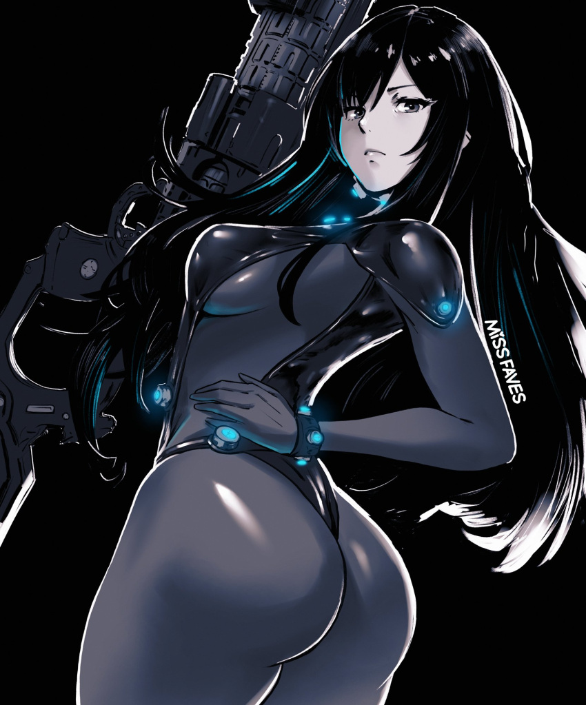 1girl artist_name ass black_background black_bodysuit black_hair bodysuit breasts closed_mouth commentary gantz gantz_suit grey_eyes hand_on_own_hip highleg highleg_leotard highres holding holding_weapon leotard lips long_hair long_sleeves looking_at_viewer looking_back medium_breasts miss_faves shimohira_reika shiny_clothes signature skin_tight weapon