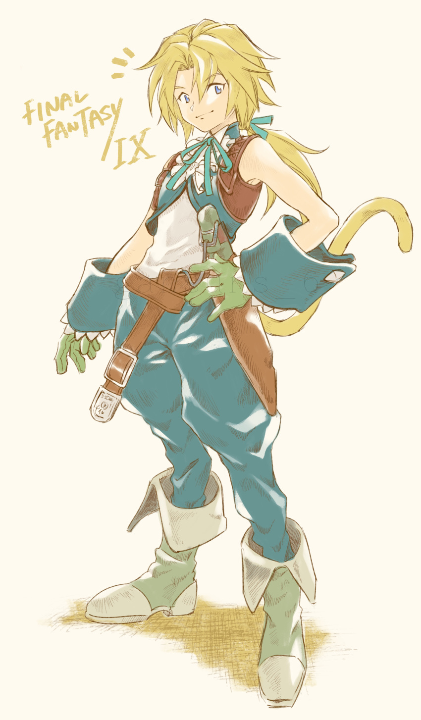 1boy absurdres blonde_hair blue_bow blue_eyes blue_ribbon blue_vest boots bow bowtie collared_shirt commentary copyright_name final_fantasy final_fantasy_ix frilled_shirt frilled_wrist_cuffs frills full_body gloves green_footwear green_gloves hair_ribbon hair_tie hand_on_own_hip happy hatching_(texture) highres knot leather_belt leather_vest light_smile long_hair looking_to_the_side low_ponytail male_focus puffy_pants red_wrist_cuffs ribbon roku_(gansuns) scabbard sheath shirt sleeveless solo standing vest weapon wrist_cuffs yellow_background zidane_tribal