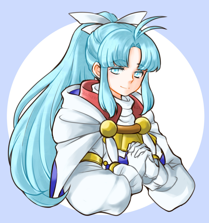 05a7w 1girl aqua_hair blue_eyes blue_hair breasts closed_mouth gloves golden_sun hair_ribbon highres long_hair looking_at_viewer mia_(golden_sun) ponytail ribbon robe smile solo white_gloves wide_ponytail