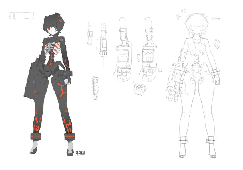 1girl :&lt; arms_at_sides arrow_(symbol) black_hair chinese_commentary circuit closed_mouth commentary_request concept_art cuffs cyborg expressionless height highres liren44 looking_at_viewer mechanical_arms mechanical_hands mechanical_heart mechanical_legs mechanical_parts mechanical_spine multiple_views orange_eyes original partially_colored short_hair standing twitter_username unfinished white_background