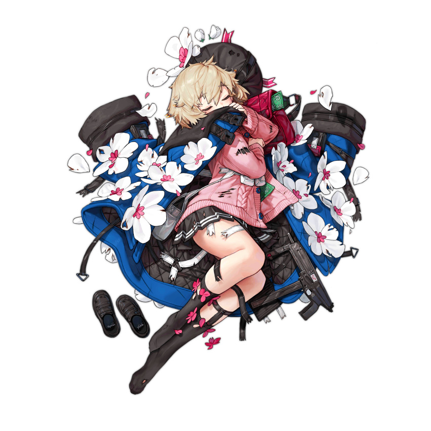 1girl asymmetrical_legwear bag beret black_footwear black_headwear black_skirt black_socks black_sweater blonde_hair blue_coat blue_eyes blush chest_strap closed_eyes coat coat_on_shoulders covered_mouth flower flower_ornament full_body girls'_frontline gun hat hat_flower highres jatimatic jatimatic_(girls'_frontline) knee_pads loafers long_sleeves medium_hair no_shoes official_art pink_bag pink_flower pink_sweater pleated_skirt pouch rinotuna shoes shoulder_bag simple_background single_knee_pad skirt snap-fit_buckle socks solo submachine_gun sweater thigh_strap third-party_source torn_clothes torn_hat torn_skirt torn_socks torn_straps torn_sweater transparent_background unworn_hat unworn_headwear unworn_shoes weapon white_bag white_flower