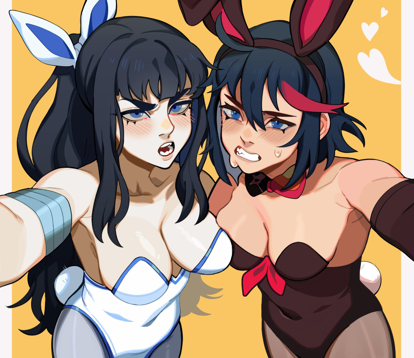 2girls absurdres animal_ears asymmetrical_docking bare_shoulders black_hair black_leotard blue_eyes blue_hair blush bow bowtie breast_press breasts breasts_apart brown_pantyhose cleavage clenched_teeth collarbone commentary detached_collar english_commentary fake_animal_ears fake_tail furrowed_brow hair_between_eyes heart highres kill_la_kill kiryuuin_satsuki large_breasts leotard long_hair looking_at_viewer matoi_ryuuko medium_breasts multicolored_hair multiple_girls nose open_mouth orange_background pale_skin pantyhose pillarboxed pink_background playboy_bunny porqueloin rabbit_ears rabbit_tail red_bow selfie sharp_teeth shiny_skin short_hair siblings sidelocks sisters smile strapless strapless_leotard streaked_hair tail teeth thick_eyebrows very_long_hair white_leotard