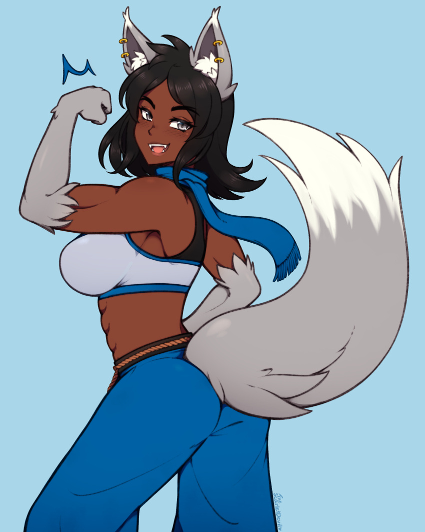 1girl absurdres animal_ears arm_up ass black_hair blue_pants breasts commission dark-skinned_female dark_skin fangs flexing grey_sports_bra highres large_breasts looking_at_viewer muscular muscular_female original pants short_hair solo sports_bra tail teeth the_scarlet_devil tongue wolf_ears wolf_girl wolf_tail