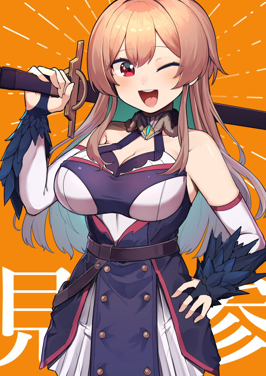 1girl ;d absurdres aqua_hair breasts brown_hair cleavage colored_inner_hair furen_e_lustario furen_e_lustario_(1st_costume) hand_on_own_hip hatyuuruinohito highres holding holding_sword holding_weapon large_breasts long_hair multicolored_hair nijisanji one_eye_closed red_eyes smile solo sword virtual_youtuber weapon