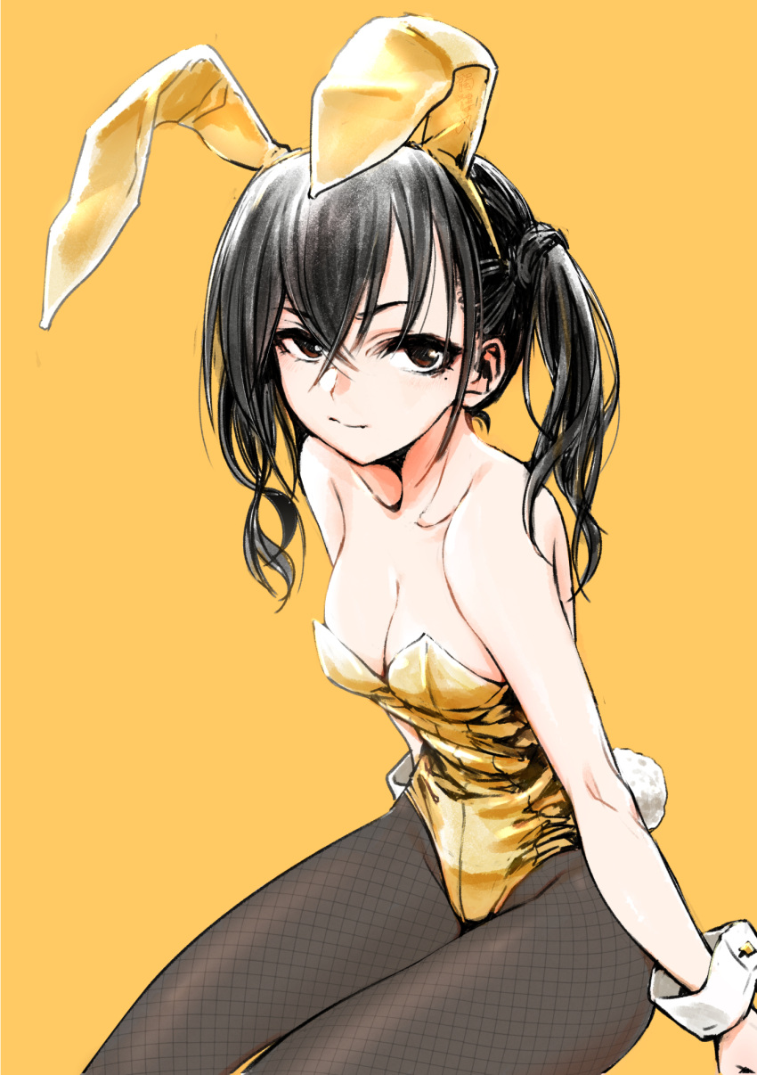 1girl animal_ears black_eyes black_hair breasts cleavage dokuromaru fake_animal_ears fake_tail fishnet_pantyhose fishnets highres idolmaster idolmaster_cinderella_girls leotard long_hair looking_at_viewer medium_breasts mole mole_under_eye pantyhose playboy_bunny rabbit_ears rabbit_tail simple_background sitting solo strapless strapless_leotard sunazuka_akira tail twintails wrist_cuffs yellow_background yellow_leotard