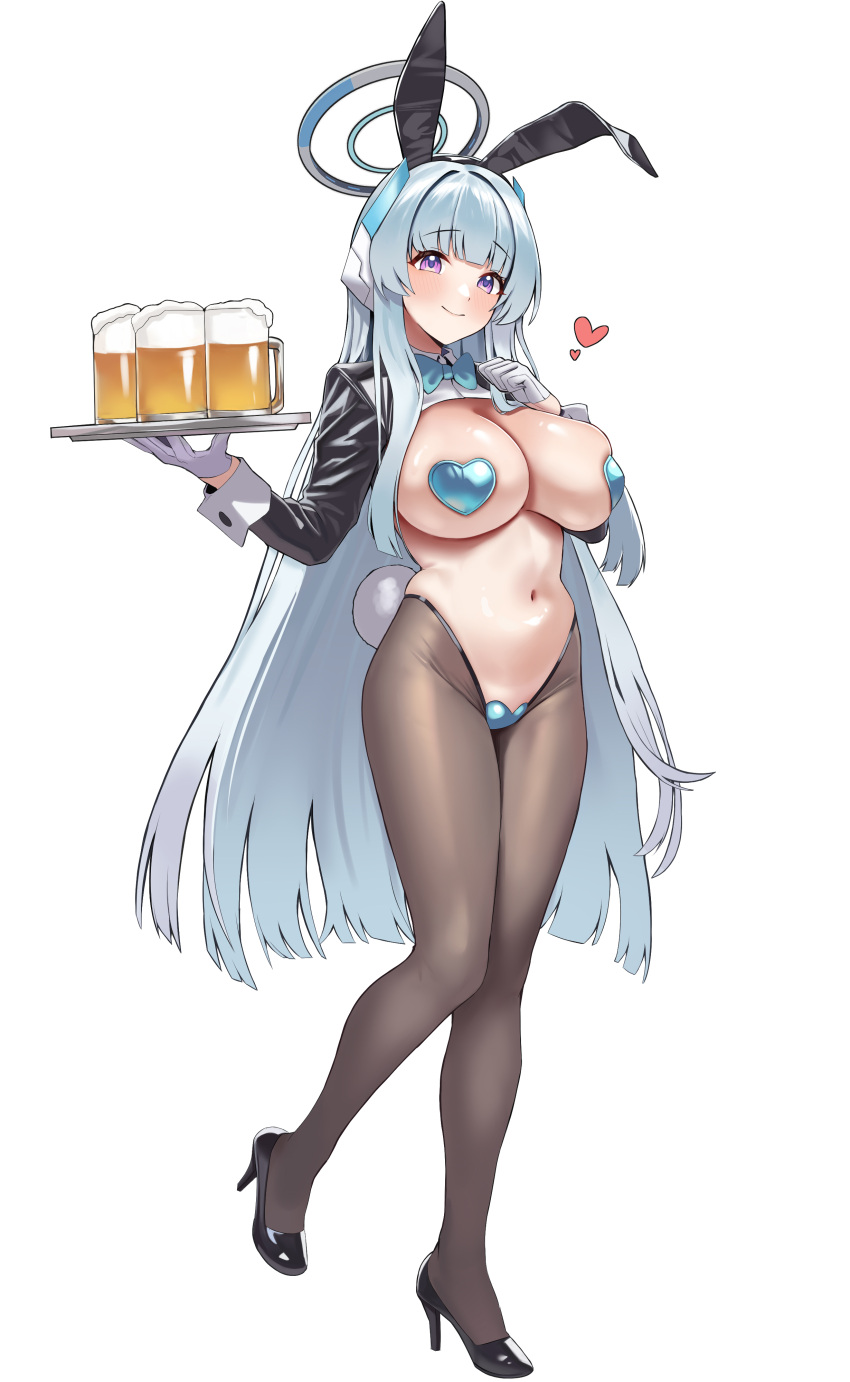 1girl absurdres alcohol animal_ears beer beer_mug black_jacket blue_archive blush bow bowtie breasts brown_pantyhose cropped_jacket crotchless crotchless_pantyhose cup fake_animal_ears frontless_outfit full_body gloves hair_ornament halo heart heart_maebari heart_pasties high_heels highres jacket large_breasts long_hair looking_at_viewer maebari meme_attire mug navel noa_(blue_archive) onedoo pantyhose pasties purple_eyes rabbit_ears rabbit_tail revealing_clothes reverse_bunnysuit reverse_outfit shrug_(clothing) sidelocks solo tail tray very_long_hair white_gloves white_hair wrist_cuffs