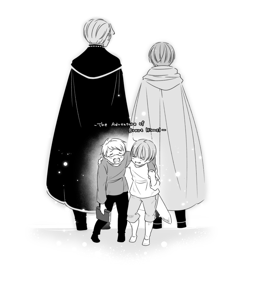 2boys ^_^ age_comparison aged_down arm_around_shoulder back-to-back book boots child cloak closed_eyes complaining english_text facing_away glasses heiter highres himmel_(sousou_no_frieren) holding holding_book hood hood_down hooded_cloak leaning_forward light_particles long_sleeves male_focus mole mole_under_eye monochrome multiple_boys multiple_views pants sachinyopo short_hair side-by-side simple_background sousou_no_frieren standing