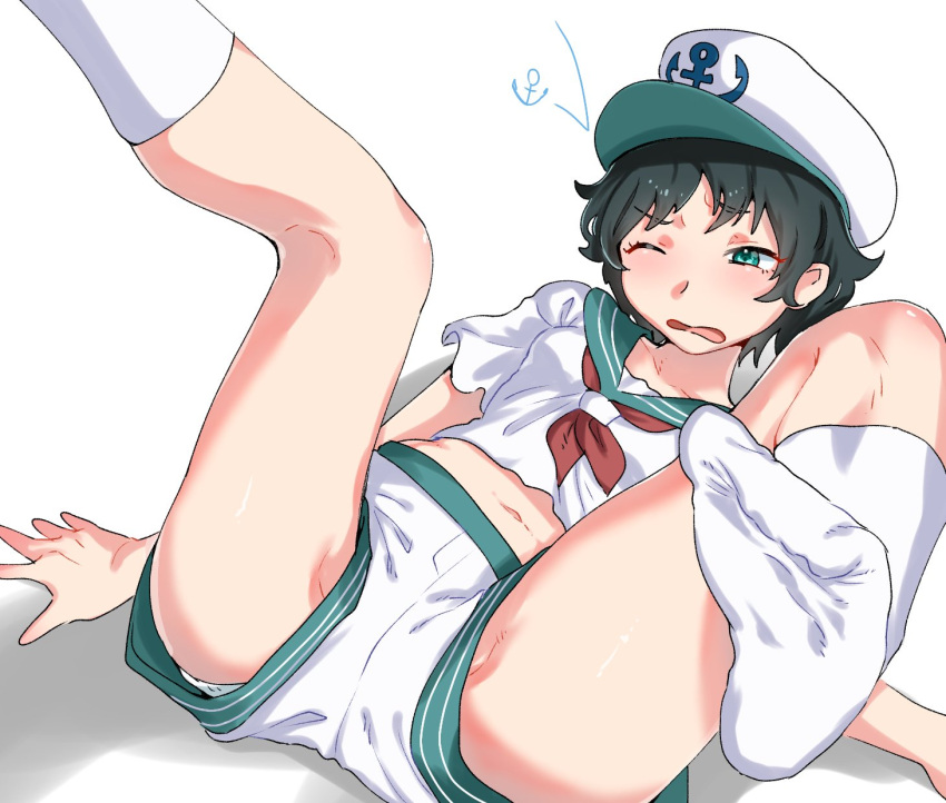 1girl anchor_symbol arm_support bare_legs black_hair collared_shirt fallen_down feet_up green_eyes hat highres leaning_back legs_up midriff_peek murasa_minamitsu navel one_eye_closed open_mouth panties panties_under_shorts panty_peek sailor sailor_collar sailor_hat sailor_shirt shirt short_hair short_shorts short_sleeves shorts sitting sobayu_to_tenpura socks solo spread_legs stomach touhou underwear upshorts white_panties white_shirt white_shorts white_socks wince