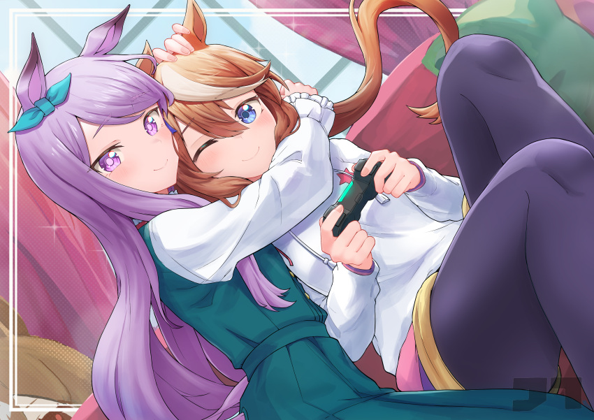 2girls ;) absurdres animal_ears aqua_bow black_pantyhose blue_eyes bow brown_hair controller dress ear_bow game_controller green_dress highres holding holding_controller holding_game_controller horse_ears horse_girl horse_tail jtleeklm long_hair long_sleeves looking_at_viewer mejiro_mcqueen_(umamusume) multicolored_hair multiple_girls official_style one_eye_closed pantyhose ponytail purple_eyes purple_hair shirt smile streaked_hair sweater swept_bangs tail tail_through_clothes tokai_teio_(umamusume) two-tone_hair umamusume white_hair white_shirt white_sweater