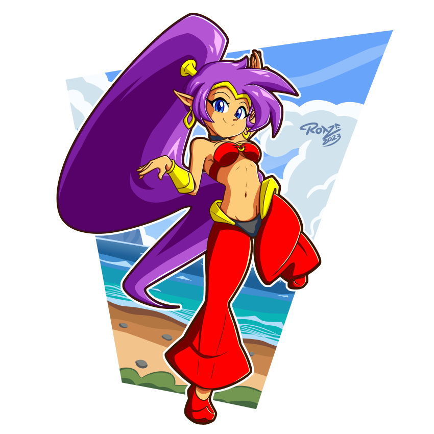 2023 absurd_res blue_eyes breasts clothing cloud day ear_piercing ear_ring female footwear genie hair hi_res humanoid humanoid_pointy_ears long_hair not_furry piercing ponytail purple_hair ring_piercing rotzedust shantae shantae_(series) shoes signature smile solo tan_body tan_skin water wayforward