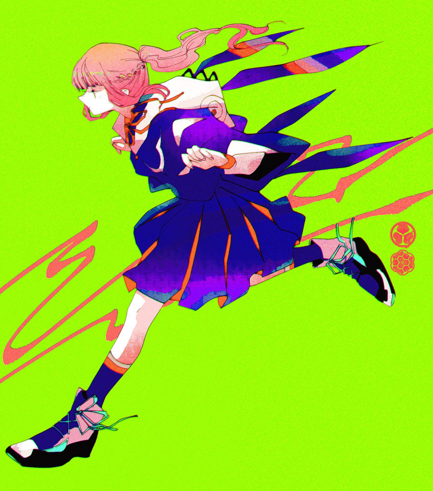 1girl asagiwa_ico blue_jacket blue_skirt blue_socks braid chromatic_aberration commentary_request expressionless film_grain floating_hair from_side full_body green_background half-closed_eyes half_updo hands_up highres hood hood_down hooded_jacket jacket kaf_(kamitsubaki_studio) kamitsubaki_studio kneehighs long_hair long_sleeves looking_ahead mitsuba_aoi_(tokugawa_mon) neck_ribbon orange_ribbon orange_skirt pink_hair pleated_skirt ponytail profile ribbon running shoes skirt sneakers socks solo two-tone_skirt virtual_youtuber w_arms