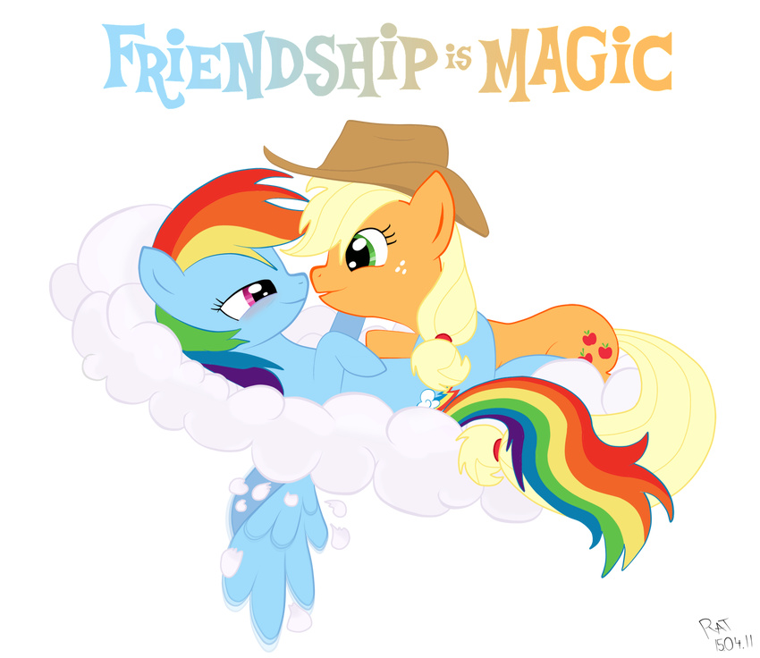 applejack_(mlp) blonde_hair blue_fur blush cloud clouds colored_text cowboy_hat cutie_mark cyan_body duo english_text equine female feral friendship_is_magic fur green_eyes hair hasbro hat horse lesbian mammal multi-colored_hair my_little_pony orange_body pegasus plain_background pony purple_eyes rainbow_dash_(mlp) rainbow_hair ratofdrawn text transparent_background wing_boner wings