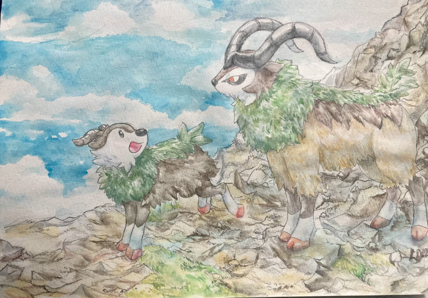 animal_focus cliff cloud cloudy_sky commentary_request goat gogoat grass highres kirokaroillust no_humans painting_(medium) pokemon pokemon_(creature) skiddo sky traditional_media watercolor_(medium)