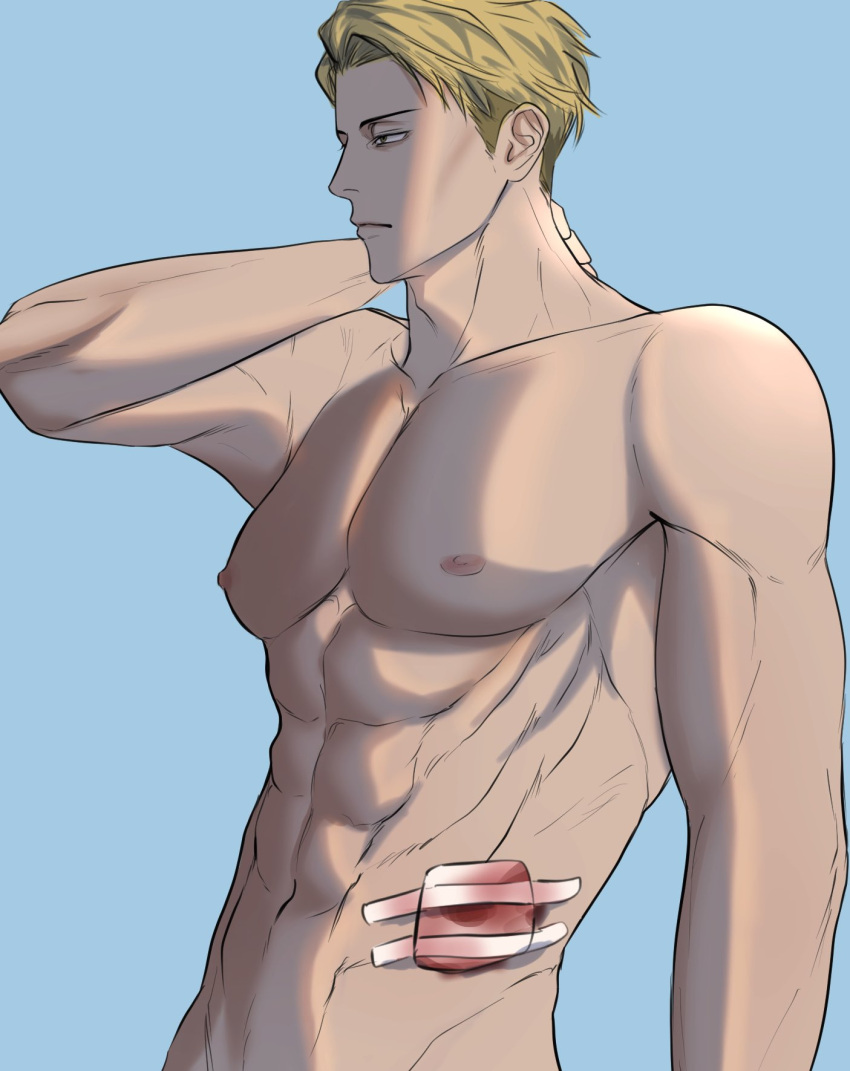 1boy abs bandages blonde_hair blood brown_eyes collarbone hand_on_own_neck highres injury jujutsu_kaisen male_focus mugsabal50299 muscular muscular_male nanami_kento pectorals short_hair solo topless_male upper_body