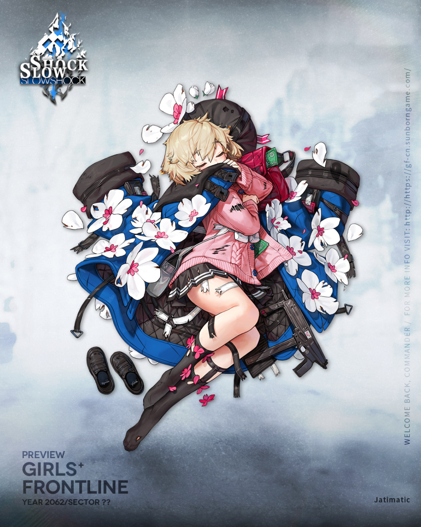 1girl asymmetrical_legwear bag beret black_footwear black_headwear black_skirt black_socks black_sweater blonde_hair blue_coat blue_eyes blush character_name chest_strap closed_eyes coat coat_on_shoulders commentary copyright_name covered_mouth english_commentary flower flower_ornament full_body girls'_frontline gun hat hat_flower highres jatimatic jatimatic_(girls'_frontline) knee_pads loafers long_sleeves medium_hair no_shoes official_art pink_bag pink_flower pink_sweater pleated_skirt pouch rinotuna second-party_source shoes shoulder_bag single_knee_pad skirt snap-fit_buckle socks solo submachine_gun sweater thigh_strap torn_clothes torn_hat torn_skirt torn_socks torn_straps torn_sweater unworn_hat unworn_headwear unworn_shoes weapon web_address white_bag white_flower