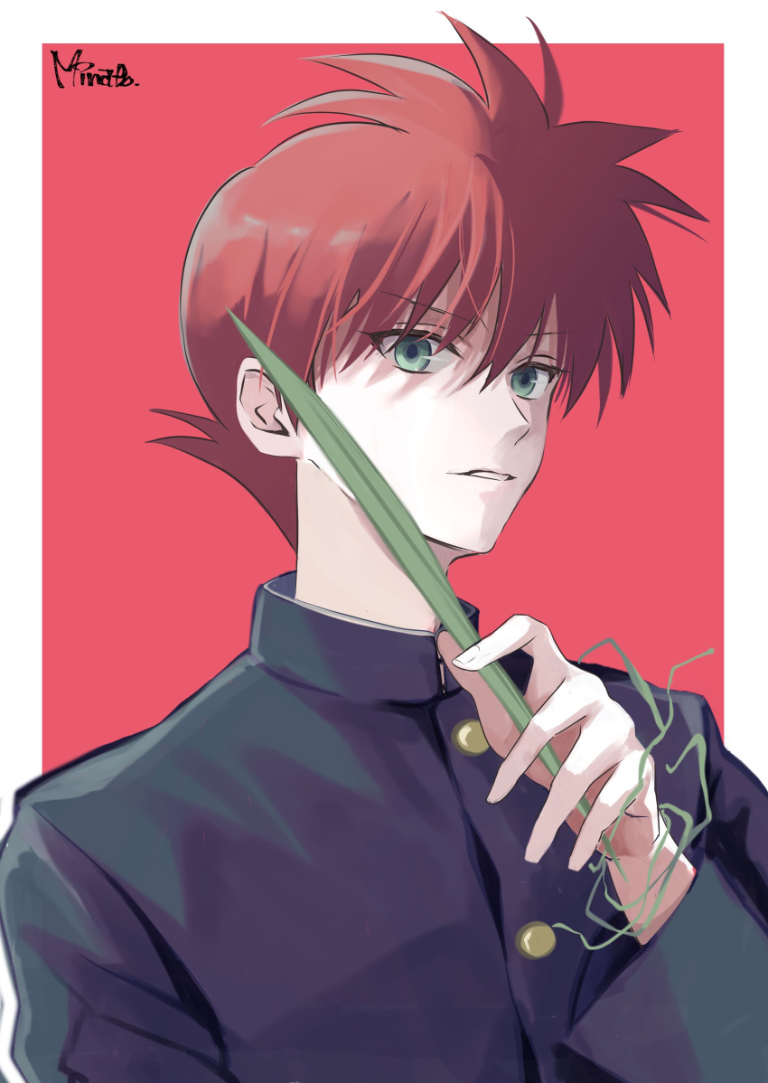 1boy absurdres alternate_hair_length alternate_hairstyle black_jacket gakuran green_eyes hand_up highres holding holding_leaf jacket kurama_(yu_yu_hakusho) leaf long_sleeves looking_at_viewer male_focus minato_x3710 outside_border parted_lips plant red_background red_hair red_theme school_uniform short_hair sidelocks signature solo upper_body vines yu_yu_hakusho