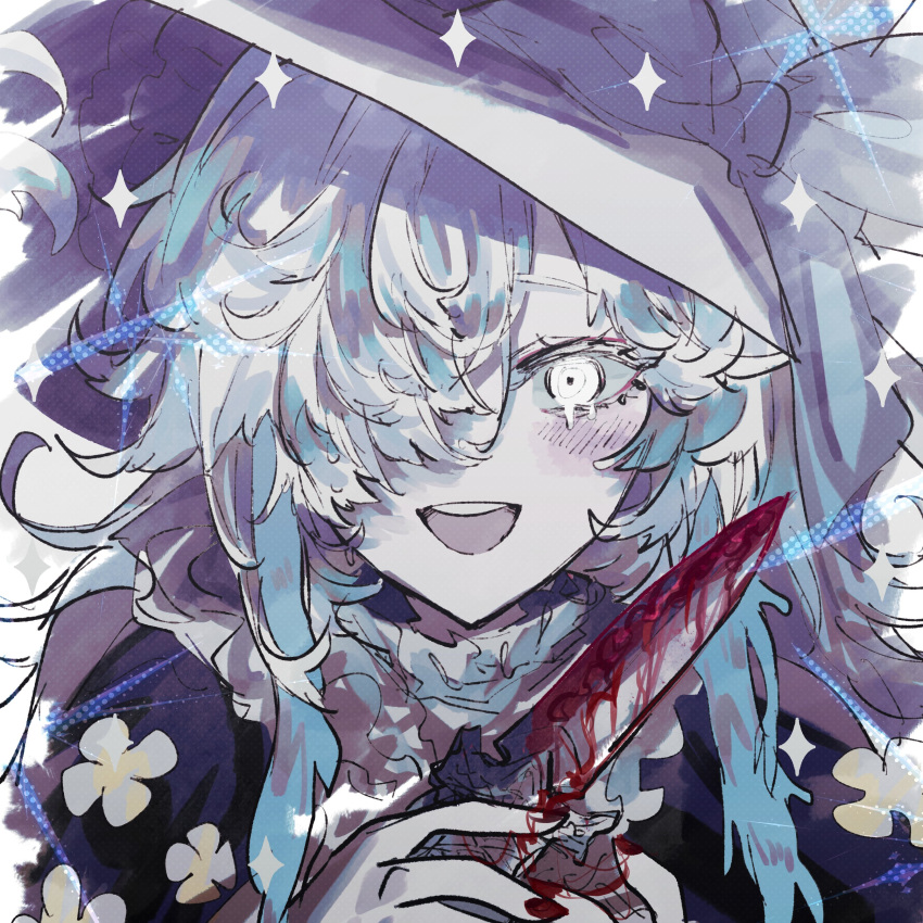 1girl absurdres alternate_costume black_sleeves blood blood_on_knife blue_hair blush commentary_request crazy dripping_eye flower hair_over_one_eye halftone hands_up hat highres holding holding_knife isekai_joucho kamitsubaki_studio knife long_hair looking_at_viewer multicolored_hair noranekogahara omajinai_(synthesizer_v) one_eye_covered open_mouth portrait red_nails ringed_eyes smile solo streaked_hair virtual_youtuber white_background white_eyes white_hair witch_hat