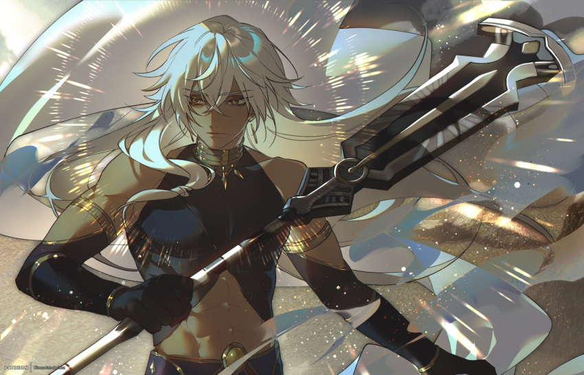 1boy abs bare_shoulders cioccolatodorima closed_mouth crossed_bangs dark-skinned_male dark_skin earrings elbow_gloves expressionless floating_hair genshin_impact gloves grey_hair highres holding holding_polearm holding_weapon jewelry king_deshret_(genshin_impact) lips long_hair looking_to_the_side male_focus mature_male neck_ring polearm sleeveless solo stomach toned toned_male upper_body weapon