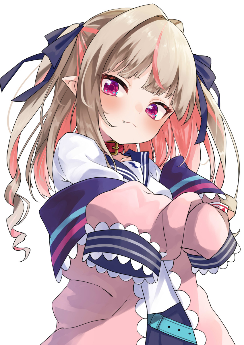 1girl :3 absurdres blue_sailor_collar blush collar crossed_arms fang grey_hair hair_ribbon highres jacket long_hair looking_at_viewer makaino_ririmu makaino_ririmu_(4th_costume) mamadasky nijisanji open_clothes open_jacket pink_eyes pink_hair pink_jacket pointy_ears red_collar ribbon sailor_collar school_uniform serafuku shirt simple_background sleeves_past_fingers sleeves_past_wrists smile solo two_side_up upper_body virtual_youtuber white_background white_shirt