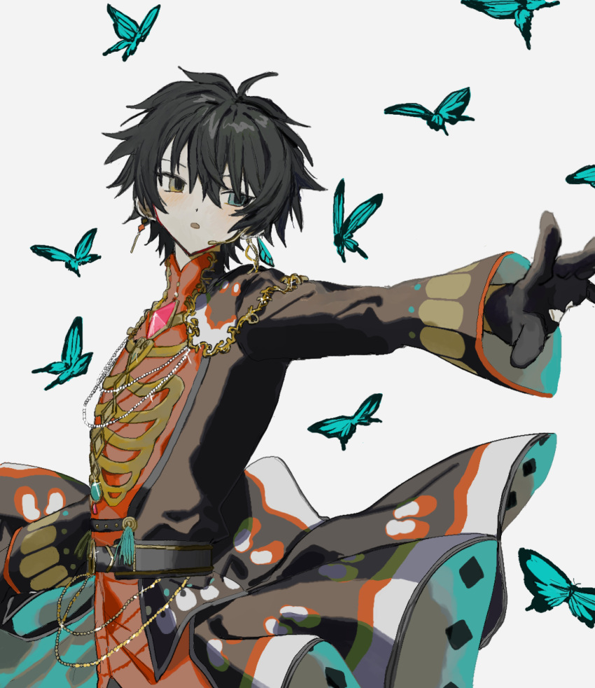 1boy black_hair blue_butterfly blue_eyes bug butterfly ensemble_stars! facing_viewer grey_background headset hermitage_(ensemble_stars!) heterochromia highres kagehira_mika long_sleeves looking_to_the_side male_focus official_alternate_costume open_mouth short_hair simple_background solo tami_moteto yellow_eyes