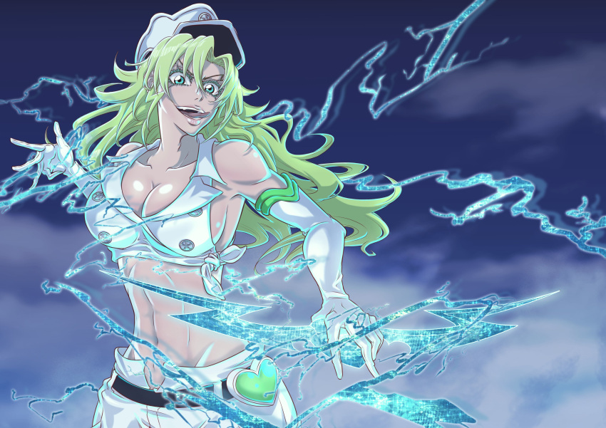 1girl absurdres bare_shoulders belt black_belt bleach bleach:_sennen_kessen-hen blue_background bow_(weapon) breasts candice_catnipp cleavage colored_eyelashes commentary cowboy_shot elbow_gloves electricity electrokinesis energy_weapon english_commentary fighting_stance floating_hair gloves green_eyes green_hair hair_between_eyes hat heart_belt highres holding holding_bow_(weapon) holding_weapon large_breasts lips long_hair looking_at_viewer military_hat navel nose open_mouth simple_background smile solo sonzhondaya stomach teeth tongue tongue_out wavy_hair weapon white_gloves white_headwear