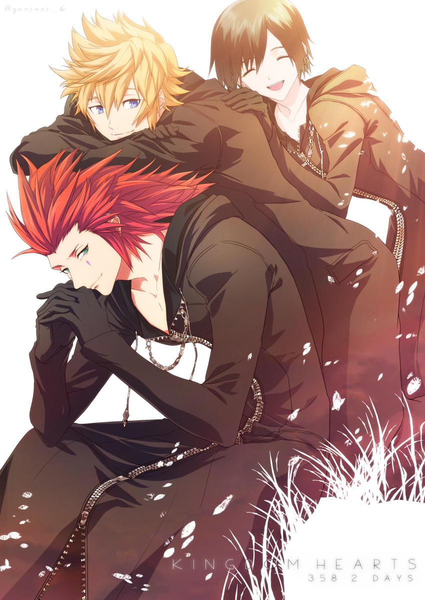 1girl 2boys absurdres axel_(kingdom_hearts) black_coat black_coat_(kingdom_hearts) black_gloves black_hair blonde_hair blue_eyes closed_eyes coat collarbone commentary copyright_name crossed_arms elbow_rest elbows_on_knees full-length_zipper gloves grass green_eyes hair_slicked_back hand_on_own_chin hands_on_another's_back happy head_on_head head_rest highres hood kingdom_hearts kingdom_hearts_358/2_days kneeling leaning_forward leaning_on_person light_smile long_coat long_hair long_sleeves looking_to_the_side multiple_boys on_grass open_mouth own_hands_together red_hair roku_(gansuns) roxas short_hair sitting smile spiked_hair teardrop_facial_mark twitter_username white_background xion_(kingdom_hearts) zipper