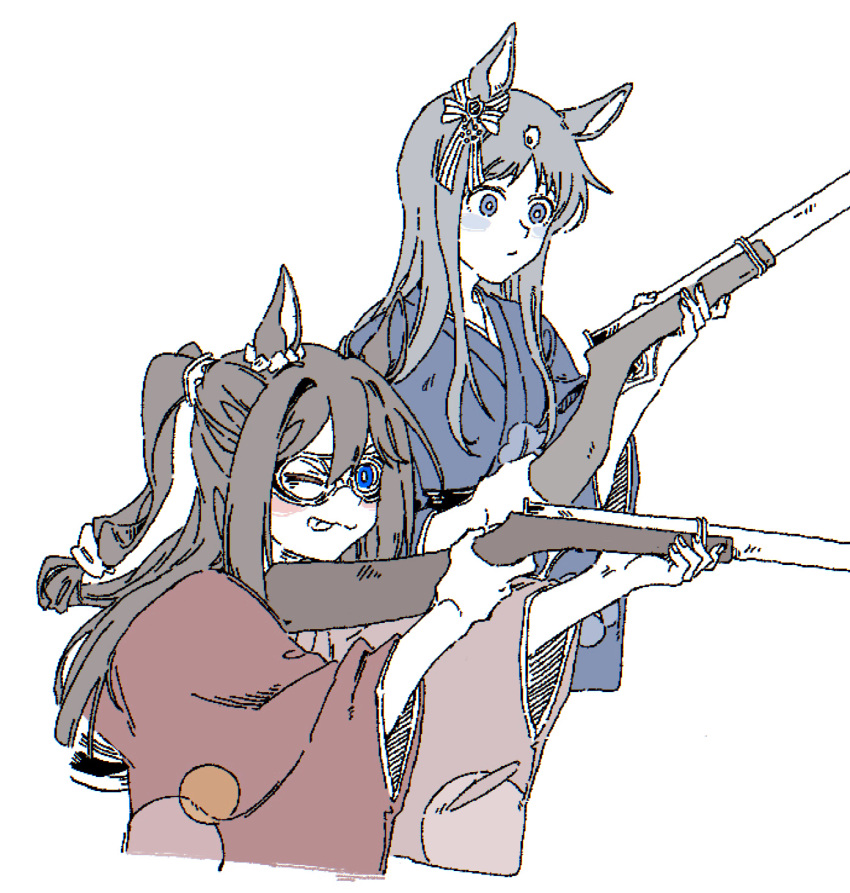 2girls aiming animal_ears blue_eyes blue_kimono brown_hair closed_mouth cropped_torso domino_mask el_condor_pasa_(umamusume) grass_wonder_(umamusume) gun highres holding holding_gun holding_weapon horse_ears japanese_clothes kimono long_hair long_sleeves mask multiple_girls one_eye_closed oo_sungnim partially_colored ponytail red_kimono simple_background tongue tongue_out toy_gun umamusume upper_body weapon white_background wide_sleeves yukata