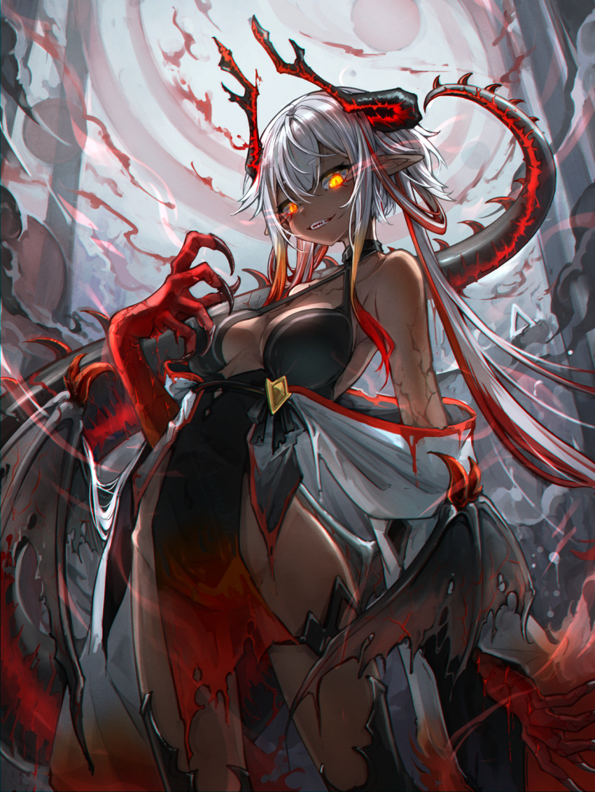 1girl breasts claws dark-skinned_female dark_skin dragon_horns dragon_tail dragon_wings fangs glowing glowing_eyes highres horns kajaneko low_wings medium_breasts original pelvic_curtain pointy_ears slit_pupils solo tail wings yellow_eyes