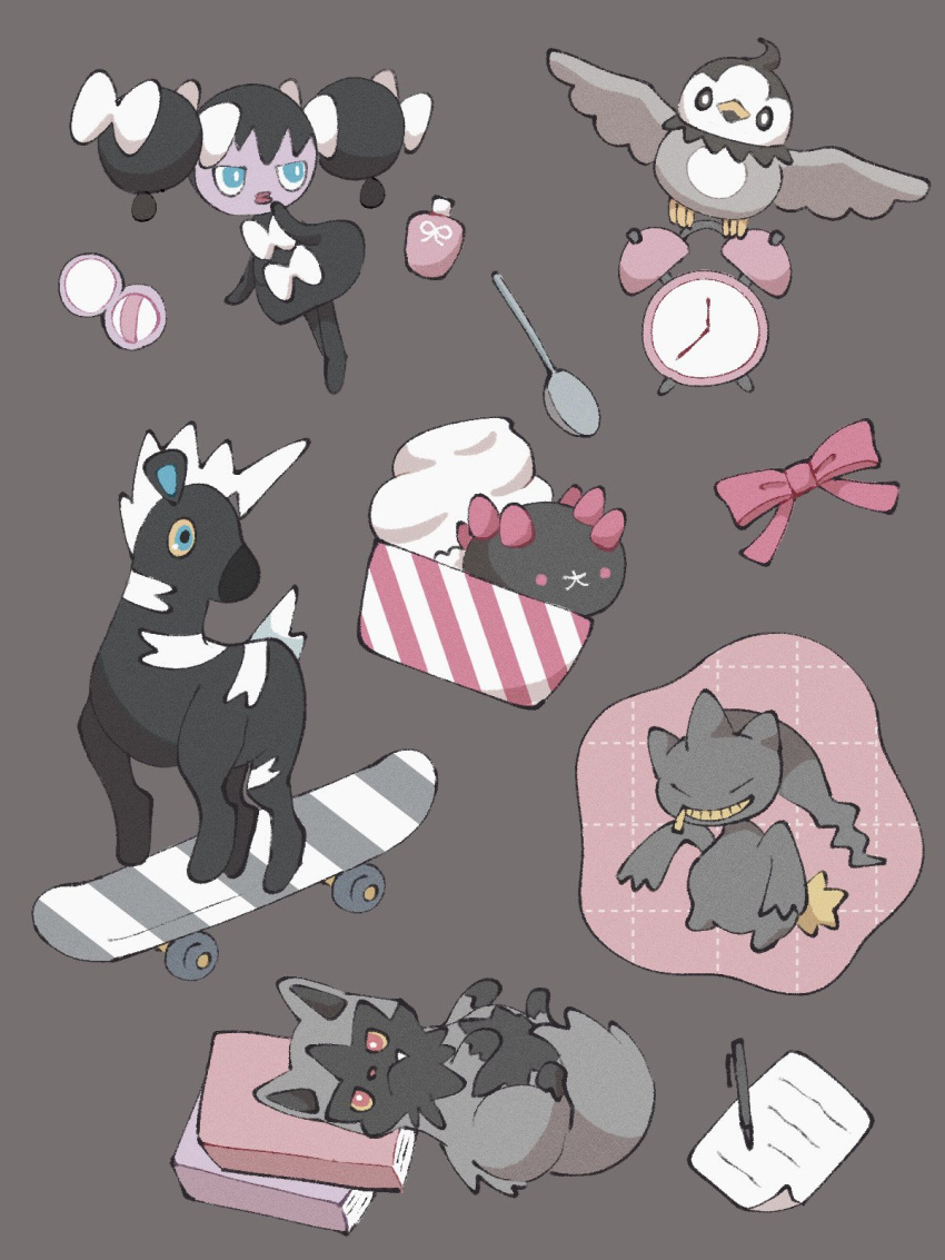 alarm_clock banette bird blitzle blue_eyes book bow bright_pupils clock closed_eyes closed_mouth fang gothita grey_background grey_fur grey_theme grin highres lying no_humans on_back paper pen pink_bow pokemon pokemon_(creature) poochyena pyukumuku red_eyes simple_background skateboard smile spoon standing starly sumi_fms tail teeth white_pupils wings zebra