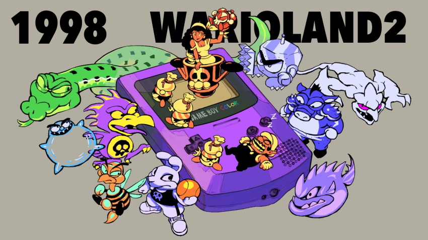 1boy 1girl :o aircraft arm_up awabo_(wario_land) bag ball bandana basketball_(object) bee big_kamukamu bird bobo_(wario_land) buck_teeth bug captain_syrup cave_master claws closed_eyes closed_mouth commentary copyright_name dated drooling dunk_(wario_land) english_commentary facial_hair fish frown game_boy game_boy_color ghost_(wario_land_ii) giant_bee_(wario_land) giant_snake_(wario_land) gloves grey_background handheld_game_console hat highres holding holding_ball long_hair looking_at_another lying mario_(series) mecha_kuri mustache on_back open_mouth overalls pants pirate_goom pointy_ears purple_eyes rinabee_(rinabele0120) sack sharp_teeth shirt shoes short_sleeves simple_background skull_print sleeping sleeveless sleeveless_shirt smile smirk snake talons teeth tongue tongue_out tusks v-shaped_eyebrows wario wario_land wario_land_ii wristband zzz