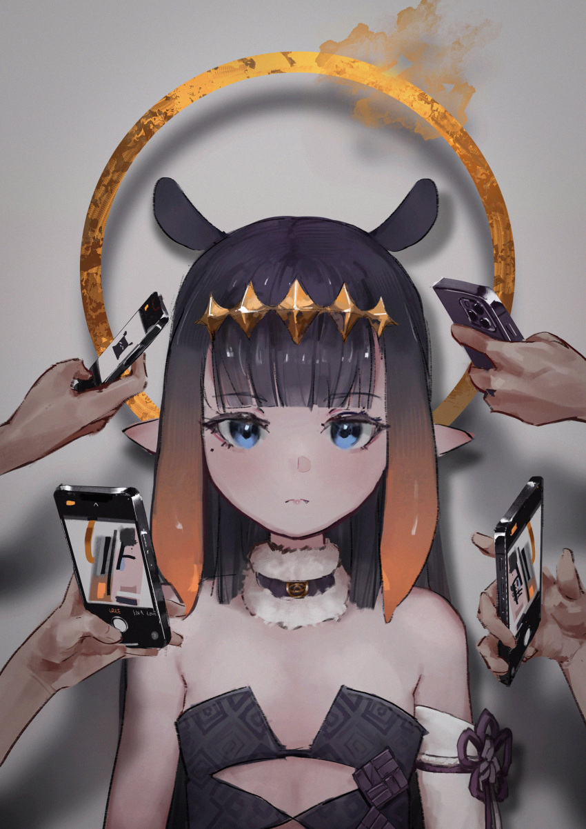 1girl 4others absurdres black_dress blue_eyes blunt_bangs cellphone cutout_above_navel detached_sleeves diamond_hairband dress expressionless fang flat_chest flower_knot fur-trimmed_collar fur_trim gradient_hair greedice grey_background halo highres holding holding_phone hololive hololive_english long_hair looking_at_viewer mole mole_under_eye multicolored_hair multiple_others ninomae_ina'nis ninomae_ina'nis_(1st_costume) orange_hair phone pointy_ears purple_hair sidelocks simple_background single_detached_sleeve smartphone solo_focus straight-on strapless strapless_dress tentacle_hair tube_dress upper_body virtual_youtuber white_sleeves yellow_halo