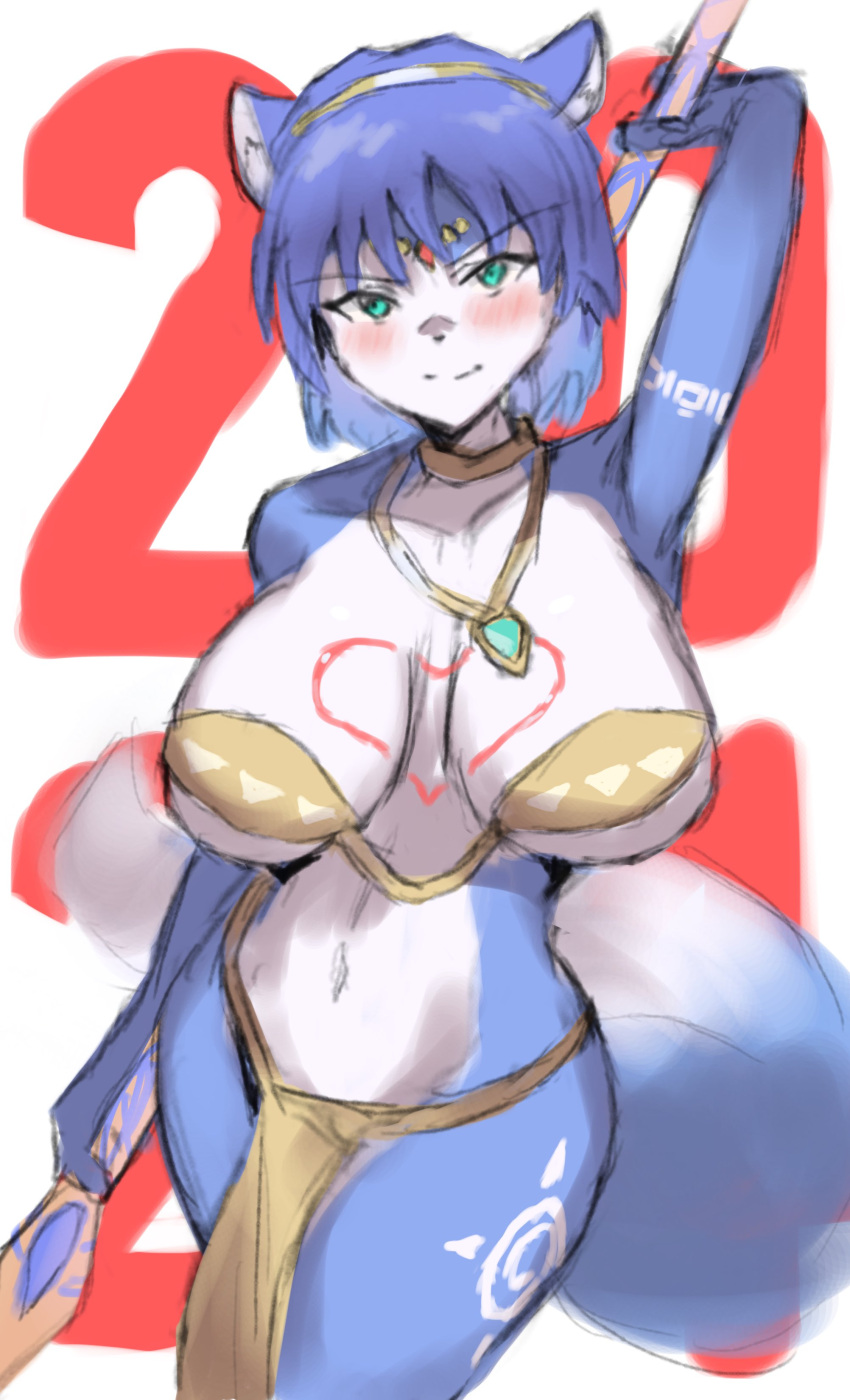 &lt;3 2024 absurd_res accessory anthro armor aspara big_breasts blue_body blue_ears blue_fur blue_hair blue_tail blush blush_lines bottomwear bra breasts canid canine clothing collar curvy_figure digital_drawing_(artwork) digital_media_(artwork) female fox fur gold_(metal) gold_jewelry green_eyes hair headband hi_res holidays huge_breasts jewelry krystal krystal's_staff loincloth looking_at_viewer male male/female mammal markings multicolored_body multicolored_ears multicolored_fur multicolored_tail necklace new_year new_year_2024 nintendo simple_background smile solo star_fox tail tattoo text tribal tribal_armor tribal_clothing tribal_jewelry tribal_markings tribal_necklace tribal_outfit tribal_tattoo underwear white_background white_body white_fur white_inner_ear white_tail wide_hips