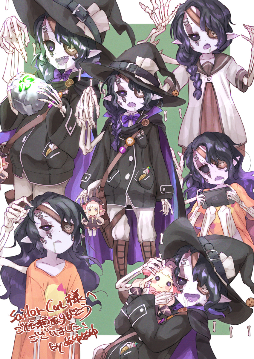 absurdres black_hair black_headwear black_jacket bone bow bowtie braid cartoon_bone colored_skin commission eyepatch grey_hair grey_skin hair_over_one_eye hat highres jacket long_sleeves monster_girl necromancer nyama original pants pointy_ears puffy_long_sleeves puffy_sleeves purple_bow purple_bowtie single_braid skeb_commission skeletal_arm skeletal_hand stitched_face stitches undead valkrana white_pants witch_hat wizard