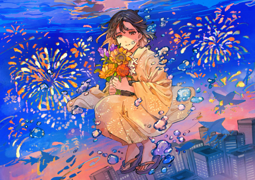 1girl absurdres aerial_fireworks air_bubble bouquet brown_eyes brown_hair brown_kimono bubble buchi_(qooo003) building commentary_request day fireworks flower full_body highres holding holding_bouquet japanese_clothes kimono long_sleeves looking_at_viewer original outdoors parted_lips purple_flower purple_footwear red_flower smile solo water white_flower wide_sleeves yellow_flower zouri