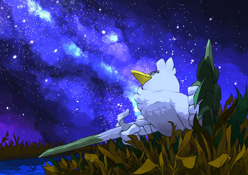 aomon_(yuuji7604) beak bird commentary duck galaxy grass highres holding holding_shield holding_sword holding_weapon night night_sky pokemon pokemon_(creature) shield sirfetch'd sky spring_onion star_(sky) starry_sky sword water weapon white_fur