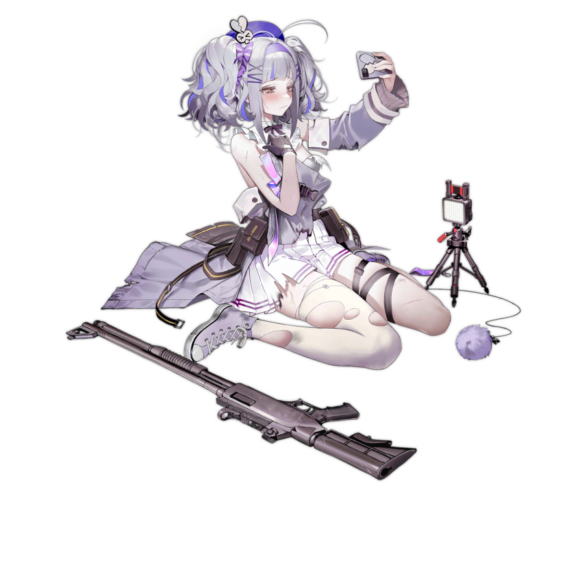1girl ahoge artist_request asymmetrical_legwear belt_pouch black_gloves blue_hair blunt_bangs broken_heart_print cape check_artist chest_strap collar detached_collar detached_sleeves fingernails fn_tps frilled_collar frills frown full_body girls'_frontline gloves grey_hair gun hair_ornament hairband half-closed_eyes highres holding holding_phone light medium_hair multicolored_hair official_art outstretched_arm phone pleated_skirt pouch purple_footwear purple_hairband purple_headwear purple_socks s.joop scratches selfie shoes shotgun sidelocks simple_background single_detached_sleeve single_sock single_tear single_thighhigh sitting skirt snap-fit_buckle sneakers socks solo strapless thigh_strap thighhighs third-party_source torn_cape torn_clothes torn_skirt torn_sleeve torn_thighhighs torn_tube_top tps_(girls'_frontline) transparent_background tripod tube_top twintails waist_cape wariza wavy_hair weapon weapon_on_floor white_skirt white_thighhighs white_tube_top x_hair_ornament yellow_eyes