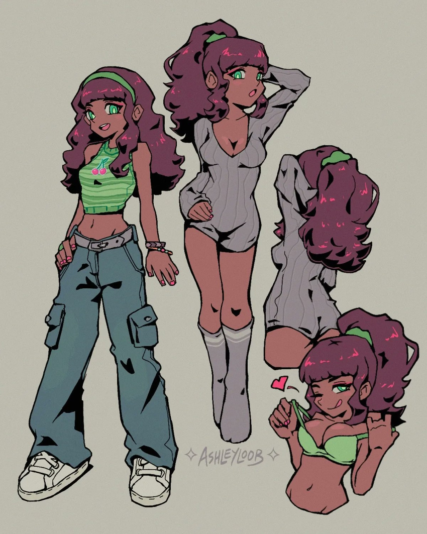 1girl artist_name ashleyloob blunt_bangs bra bracelet breasts brown_hair cleavage dark-skinned_female dark_skin denim green_bra green_eyes hairband heart highres jeans jewelry long_hair looking_at_viewer medium_breasts navel one_eye_closed original pants ponytail solo tongue tongue_out underwear