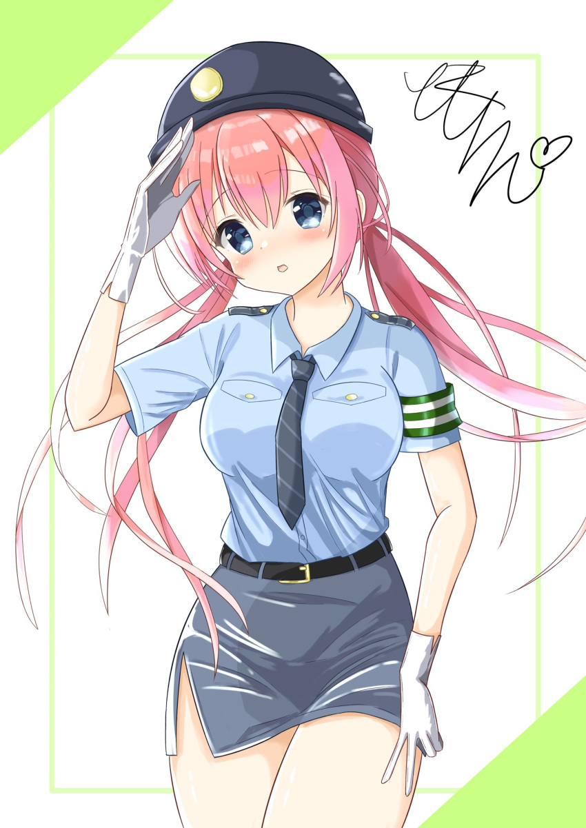 1girl alternate_costume arm_at_side belt black_belt black_skirt blue_eyes blue_shirt blush breasts commentary cowboy_shot floating_hair gloves hair_between_eyes hand_up highres large_breasts long_hair looking_at_viewer low_twintails open_mouth ozato_fumika pencil_skirt police police_uniform policewoman red_hair salute shirt short_sleeves signature simple_background skin_tight skirt solo tenshi_souzou_re-boot! tomochin_illust twintails uniform very_long_hair white_background white_gloves