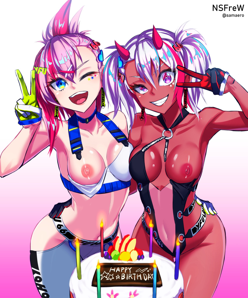 2girls :d absurdres apple apple_slice arm_up armpits bare_shoulders berry birthday_cake black_gloves black_one-piece_swimsuit blue_eyes breasts breasts_apart cake candle character_name clothes_writing collarbone colored_skin commentary_request commission covered_navel cowboy_shot crazy_eyes crop_top dark_persona demon_horns dual_persona english_commentary fire food fruit gloves gradient_background green_eyes green_gloves grin hair_between_eyes hair_ornament halterneck hand_on_another's_hip happy_birthday heart heart_hair_ornament heart_in_eye highres hip_vent horns indie_virtual_youtuber long_hair looking_at_viewer medium_breasts midriff mixed-language_commentary multicolored_eyes multicolored_hair multiple_girls navel nipples number_hair_ornament o-ring o-ring_swimsuit one-piece_swimsuit one_eye_closed onifu open_mouth pants pink_background pink_eyes pink_hair ponytail purple_eyes red_gloves red_hair red_horns red_skin ringed_eyes samael_(5211) shiny_skin short_hair short_twintails simple_background skeb_commission smile sports_bra star_sticker sticker_on_face strap_slip streaked_hair swimsuit symbol_in_eye teeth tongue twintails twitter_username two-tone_background two-tone_gloves upper_teeth_only v v-shaped_eyebrows virtual_youtuber white_background white_gloves white_hair white_pants white_sports_bra x_hair_ornament yfu yoga_pants